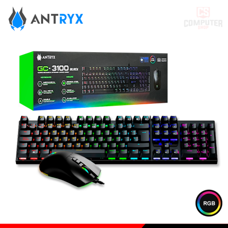 KIT ANTRYX GC-3100 BLACK RGB TECLADO MECANICO SWITCH BLUE USB + MOUSE WIRED USB (PN:AGC-3100KBL-SP)